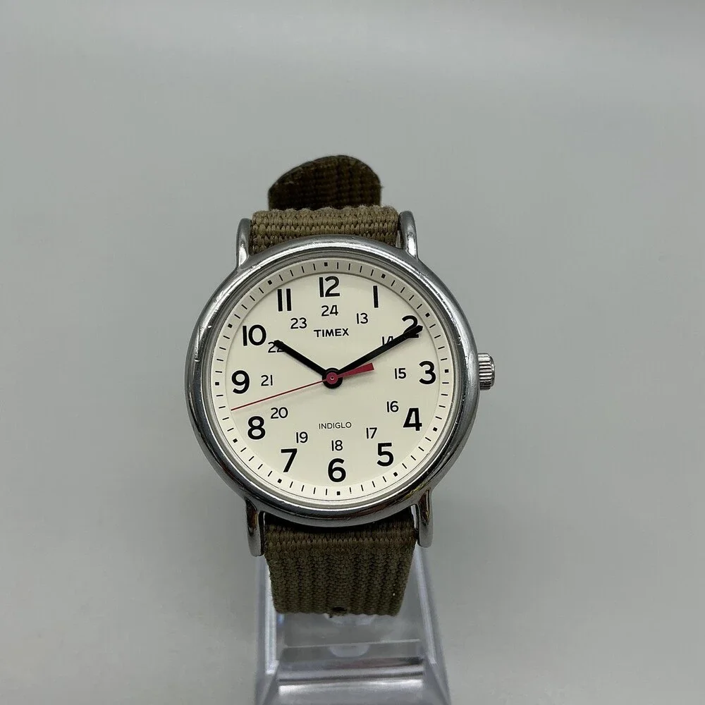 Timex Indiglo WR 30M Mens Watch 38mm Cream Dial Brown Nylon Strap Quartz